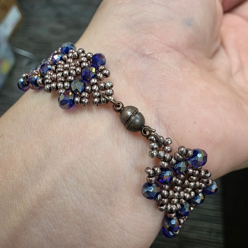 Handmade Beaded Cuff Bracelet Blue Iridescent Crystal Bronze Seed Bead Magnetic